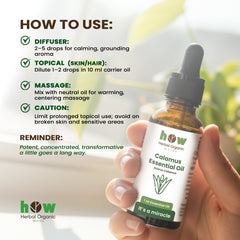 Calamus Essential Oil – Herbal Organic Works Premium Oil for Diffuser, Massage & Skincare | 1 oz Glass Bottle