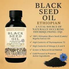 Black Seed Oil - Cold Pressed Pure Ethiopian Black Cumin Nigella Sativa, 3X Thymoquinone, 100% Pure Liquid in Glass Bottle