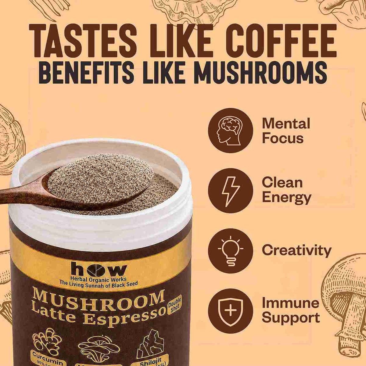 Mushroom Latte Espresso | Functional Mushroom Coffee with Shilajit & Curcumin
