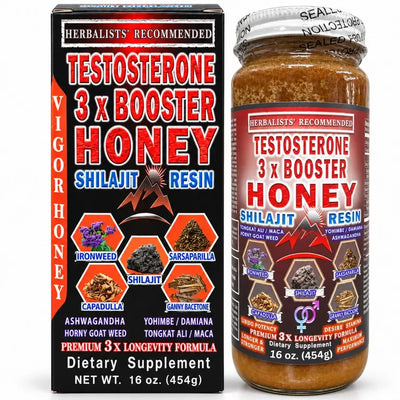 Jar of triple strength herbal infused honey for men
