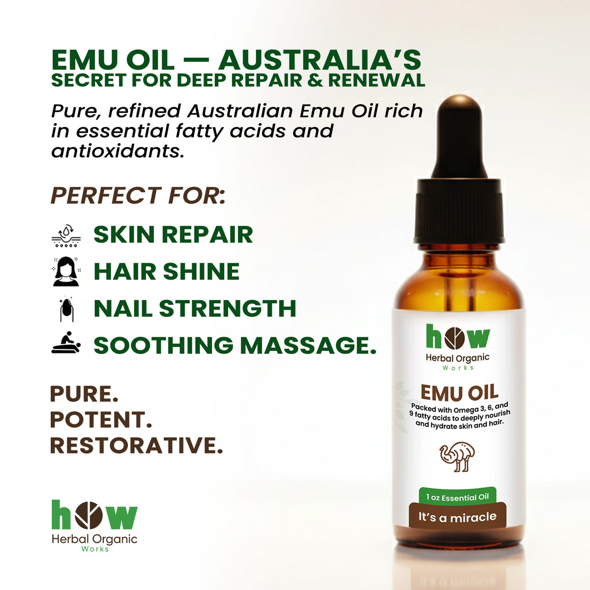 Emu Oil – Pure Skin, Hair & Massage Oil | 1 fl oz