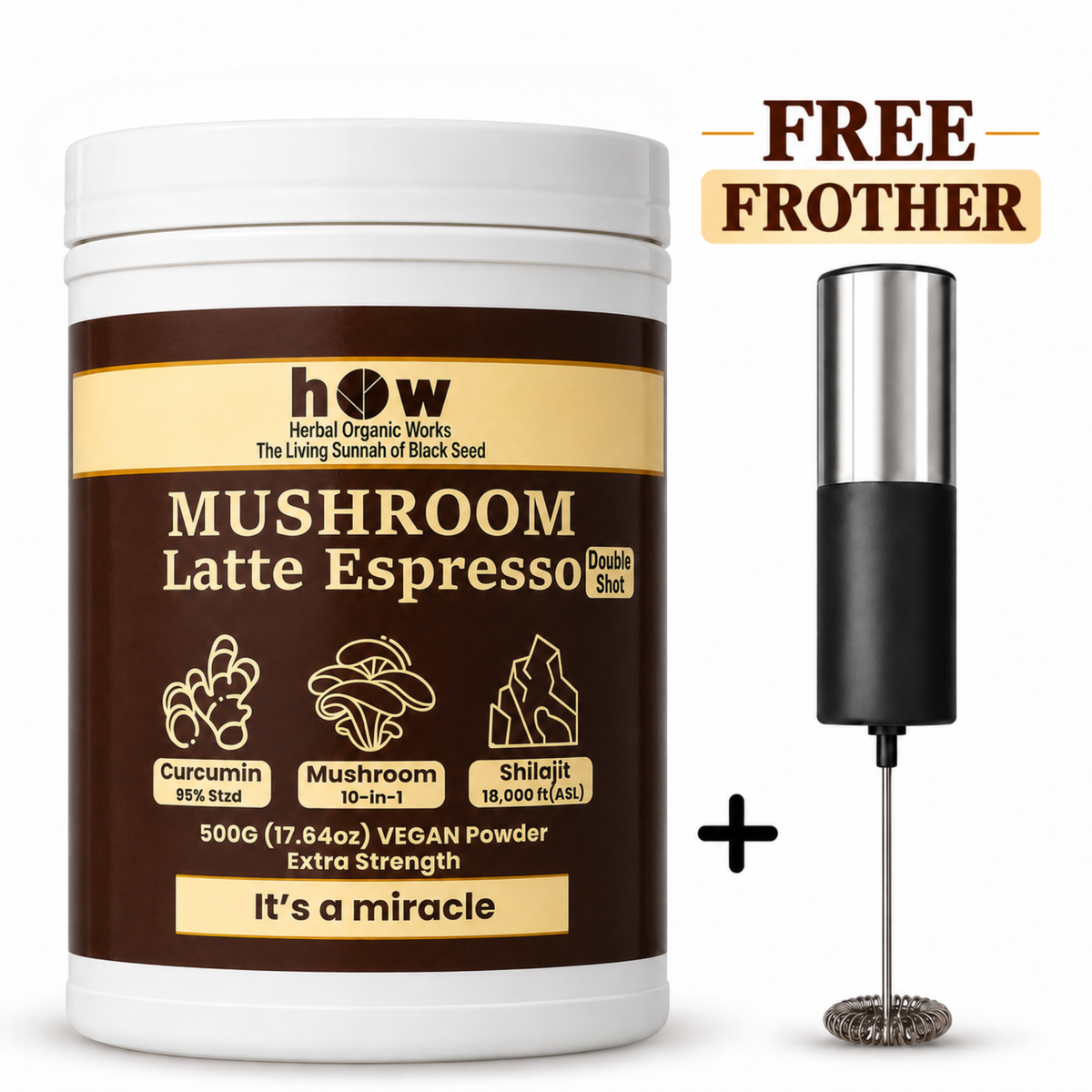 Organic Mushroom Coffee 10-in-1 Espresso Latte with Shilajit & Curcumin