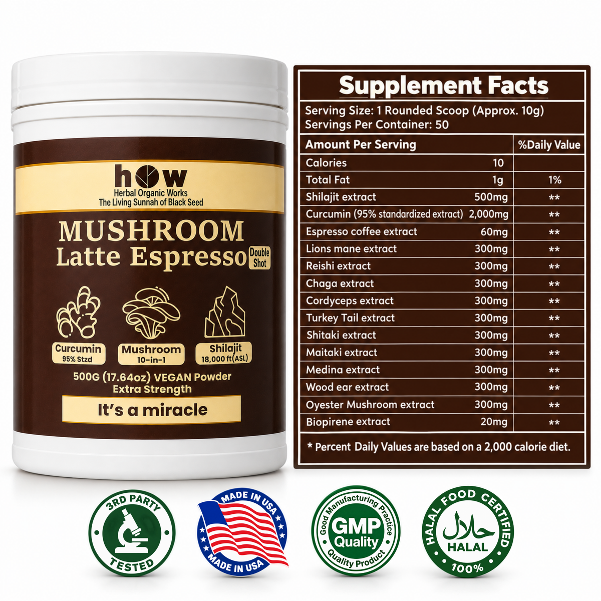 Organic Mushroom Coffee 10-in-1 Espresso Latte with Shilajit & Curcumin