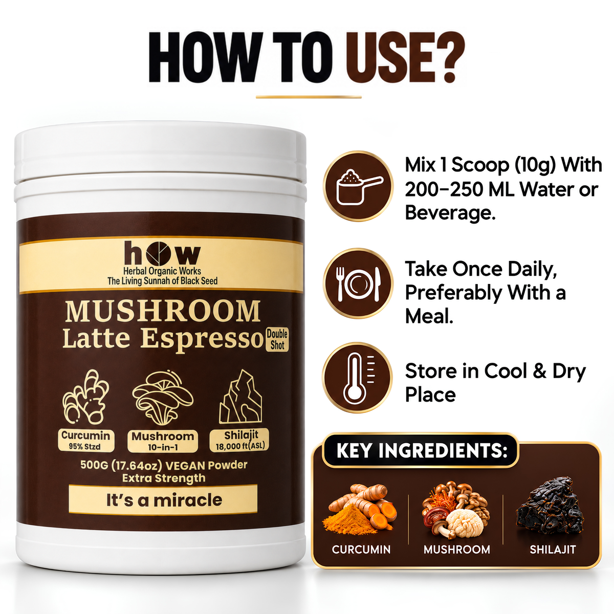 Organic Mushroom Coffee 10-in-1 Espresso Latte with Shilajit & Curcumin